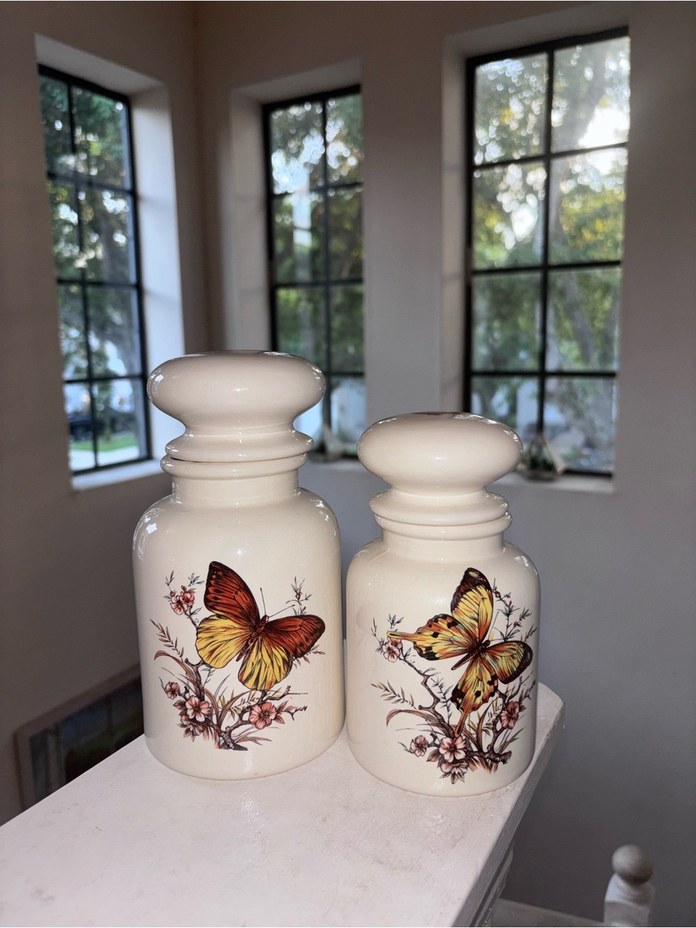 Ceramic Butterfly Apothecary Canister - Ivory set of 2